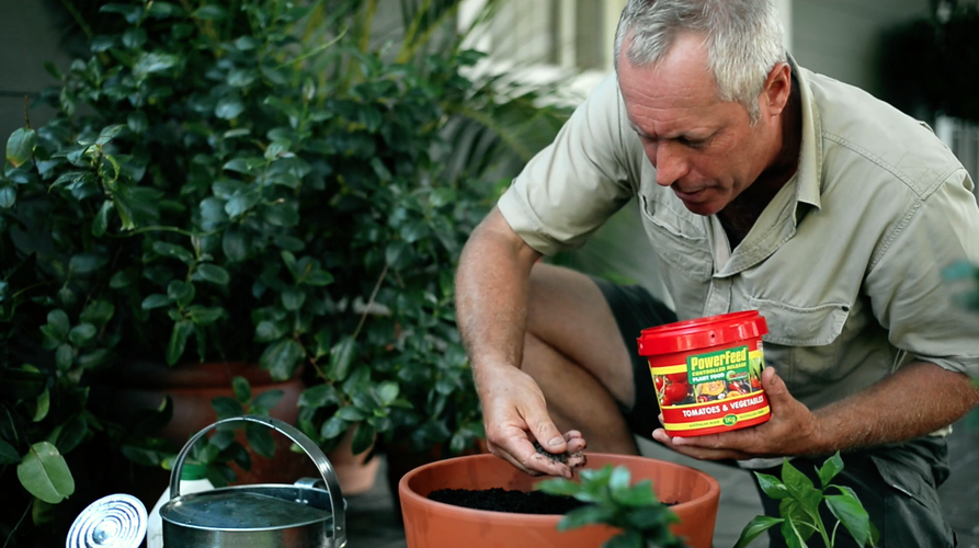 Man adding fertiliser to pot of soil