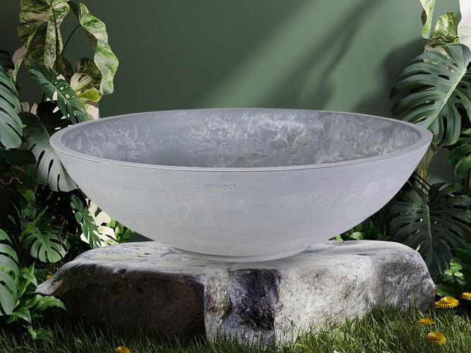 Grey glass bowl on a rock with plants around it