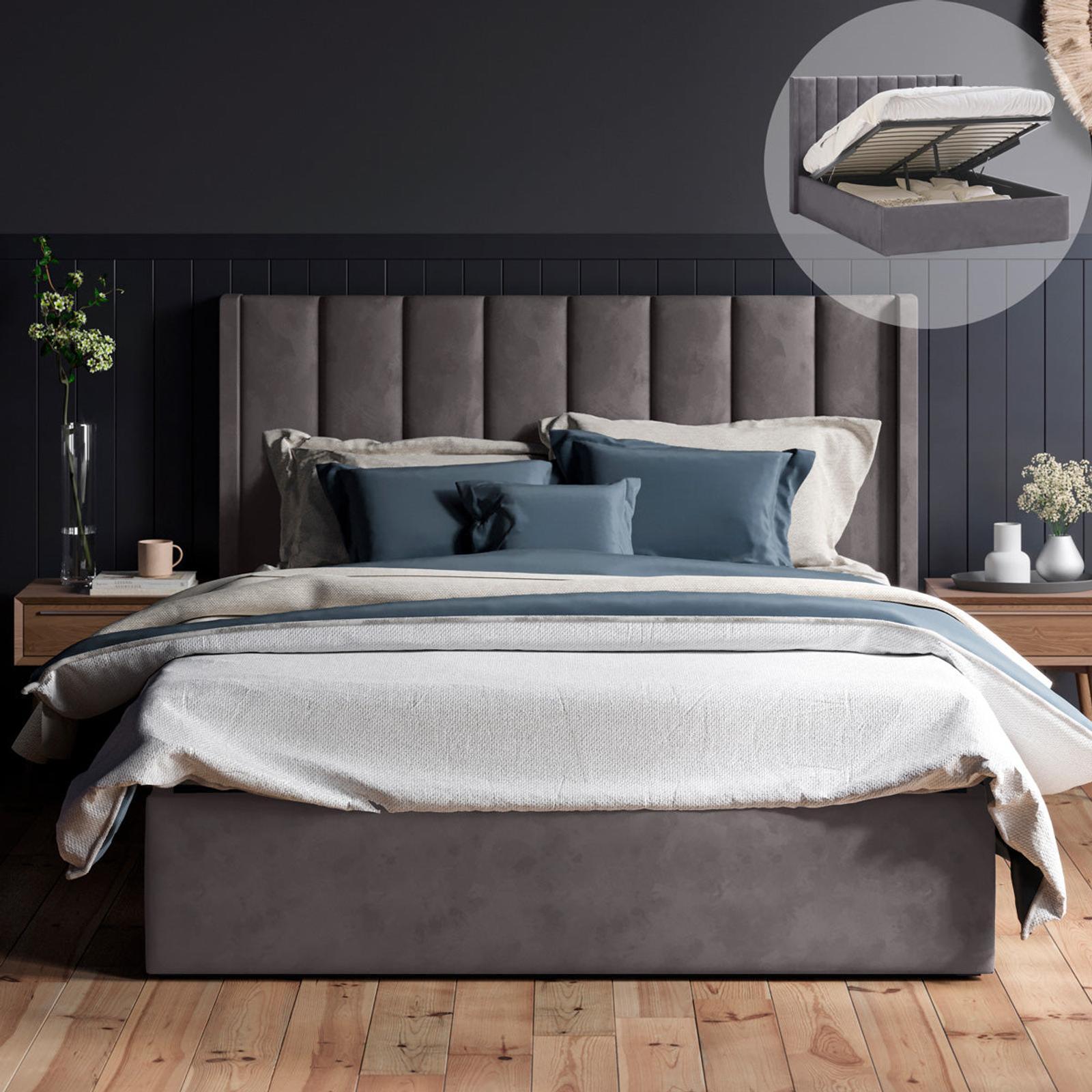 Emilie Queen Dark Fossil Grey Velvet Gas Lift Storage Winged Bed Frame