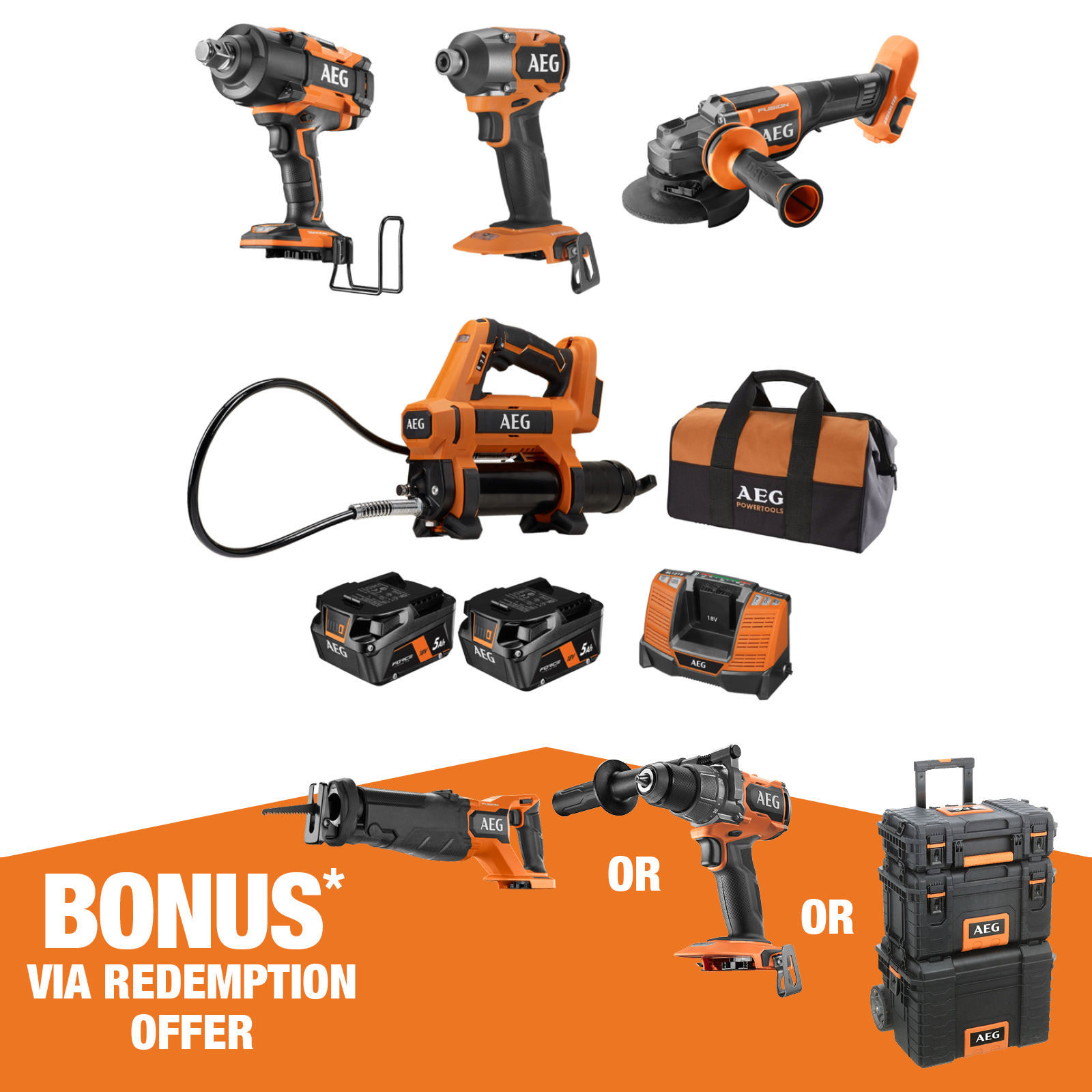 Bunnings AEG 18V FUSION Brushless 4 Piece Heavy Machinery 5.0Ah