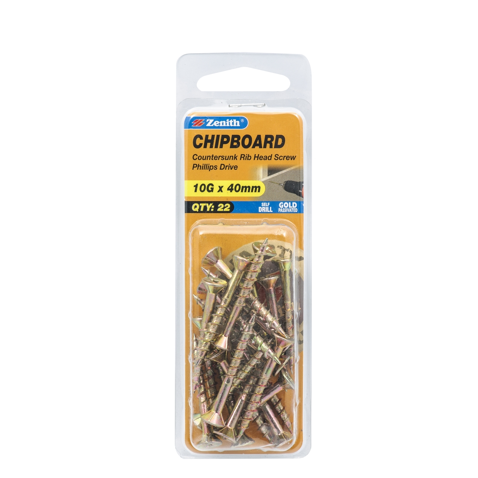 Zenith 10G x 40mm Countersunk Rib Head Chipboard Screws 22 Pack