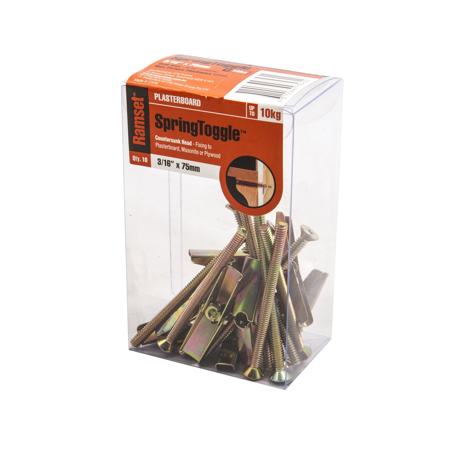 Ramset 3 / 16" x 75mm Plasterboard Spring Toggle Anchor 10 Pack