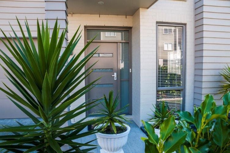 Front entryway to home with potted ferns and grey door