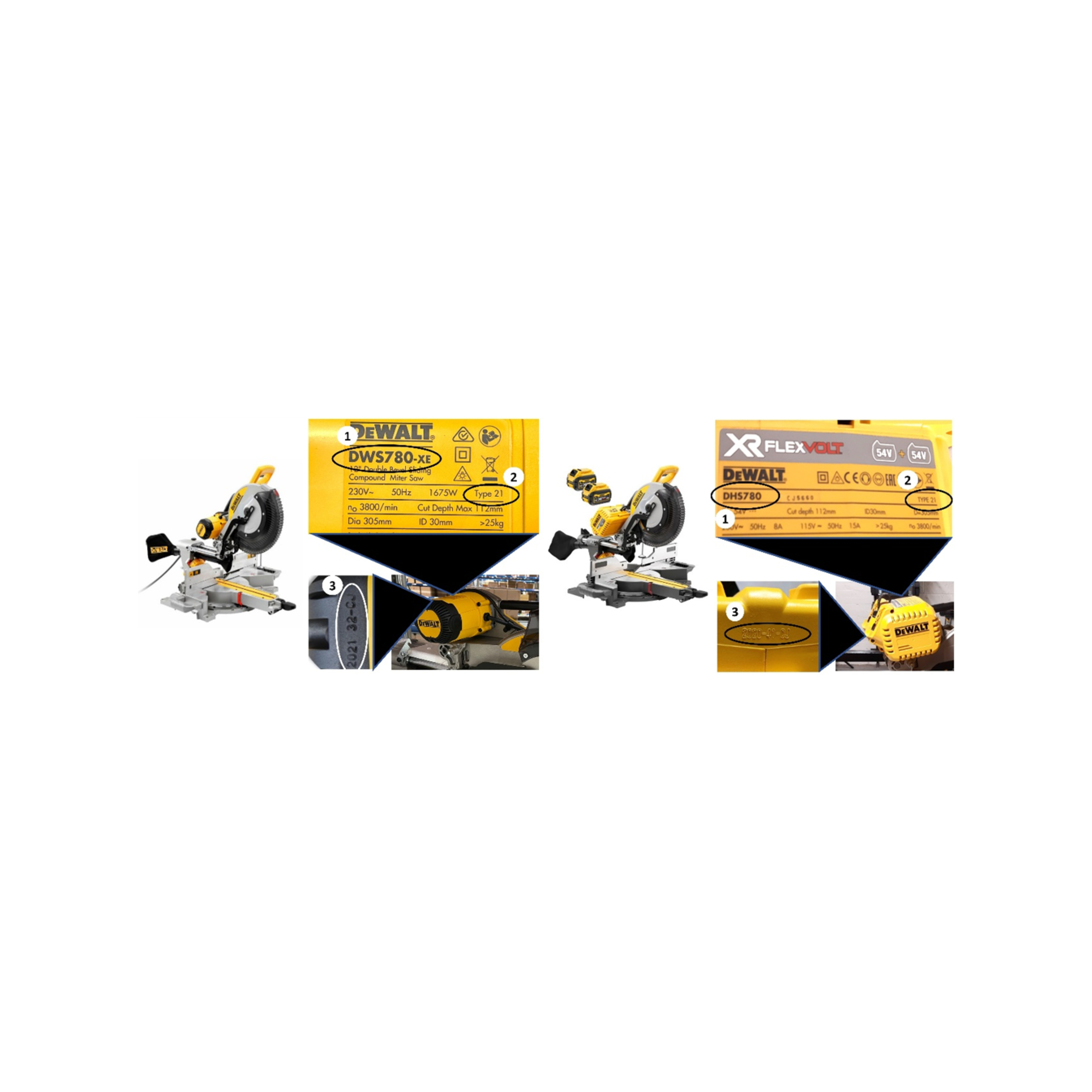 Picture of DeWalt saw models and marking of how to find the recall 