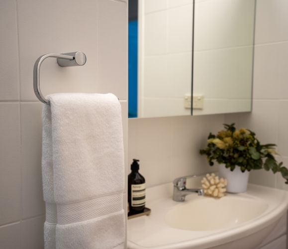 Hand towel hook next to sink in bathroom