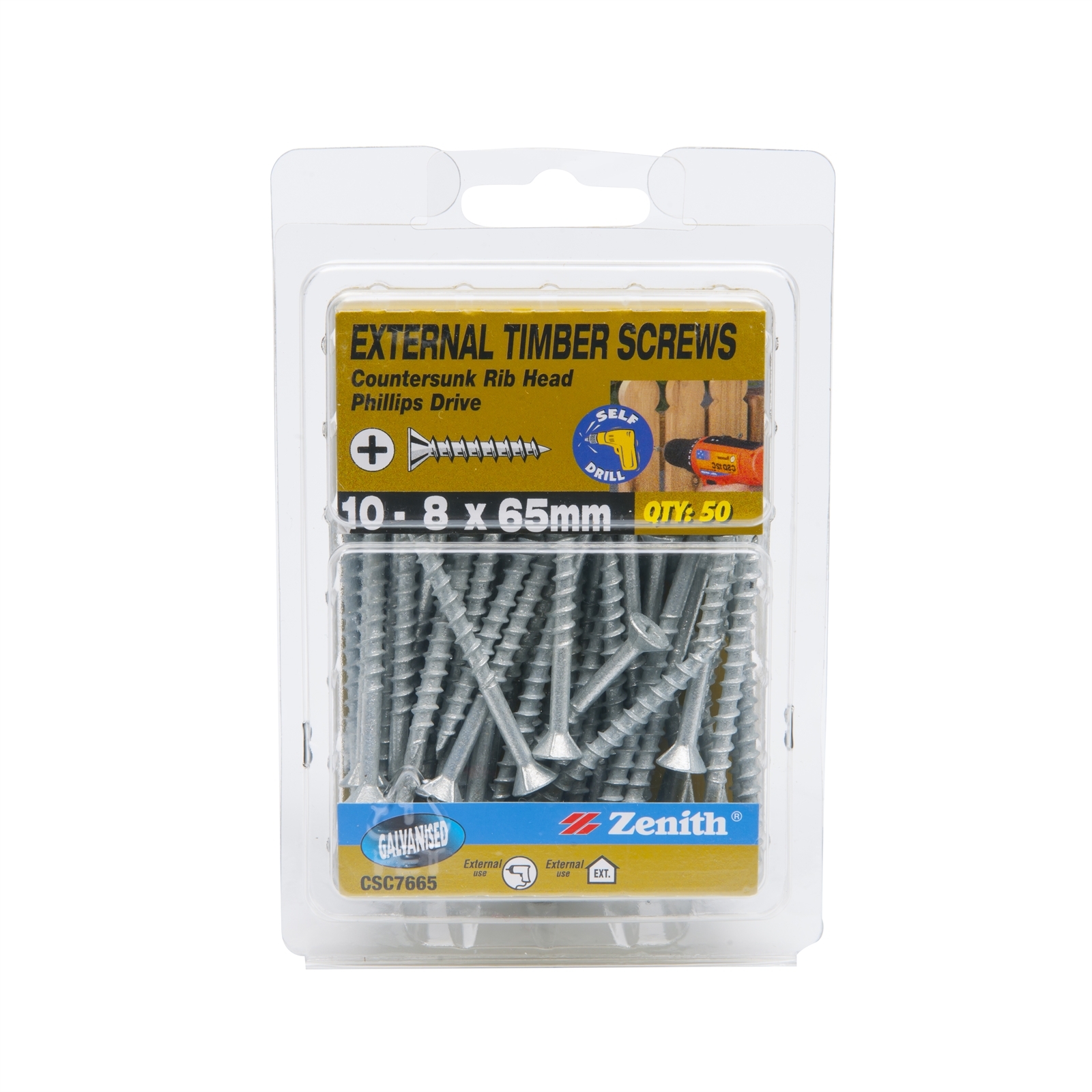 Zenith 10 - 8 x 65mm Galvanised Countersunk Rib Head Timber Screws - 50 ...