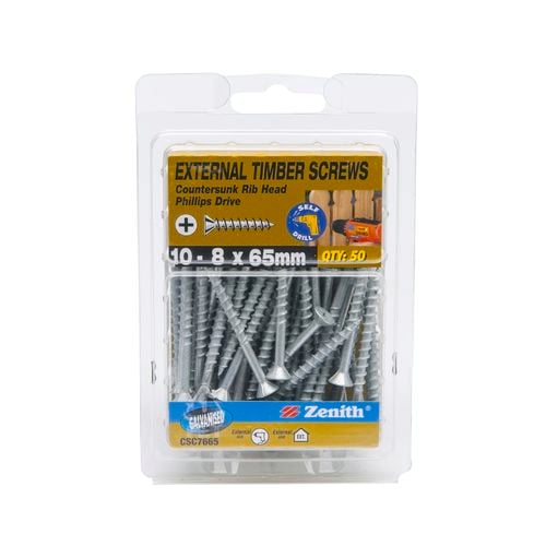 Zenith 10 - 8 x 65mm Galvanised Countersunk Rib Head Timber Screws - 50 ...