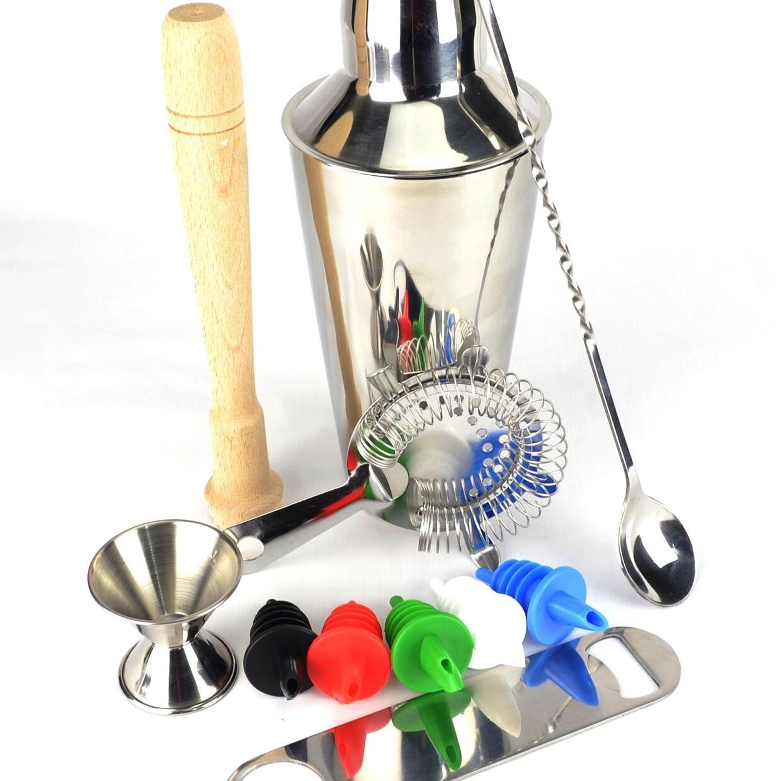 10 Piece Cocktail Shaker Set With Couloured Pourers and a Free Bar