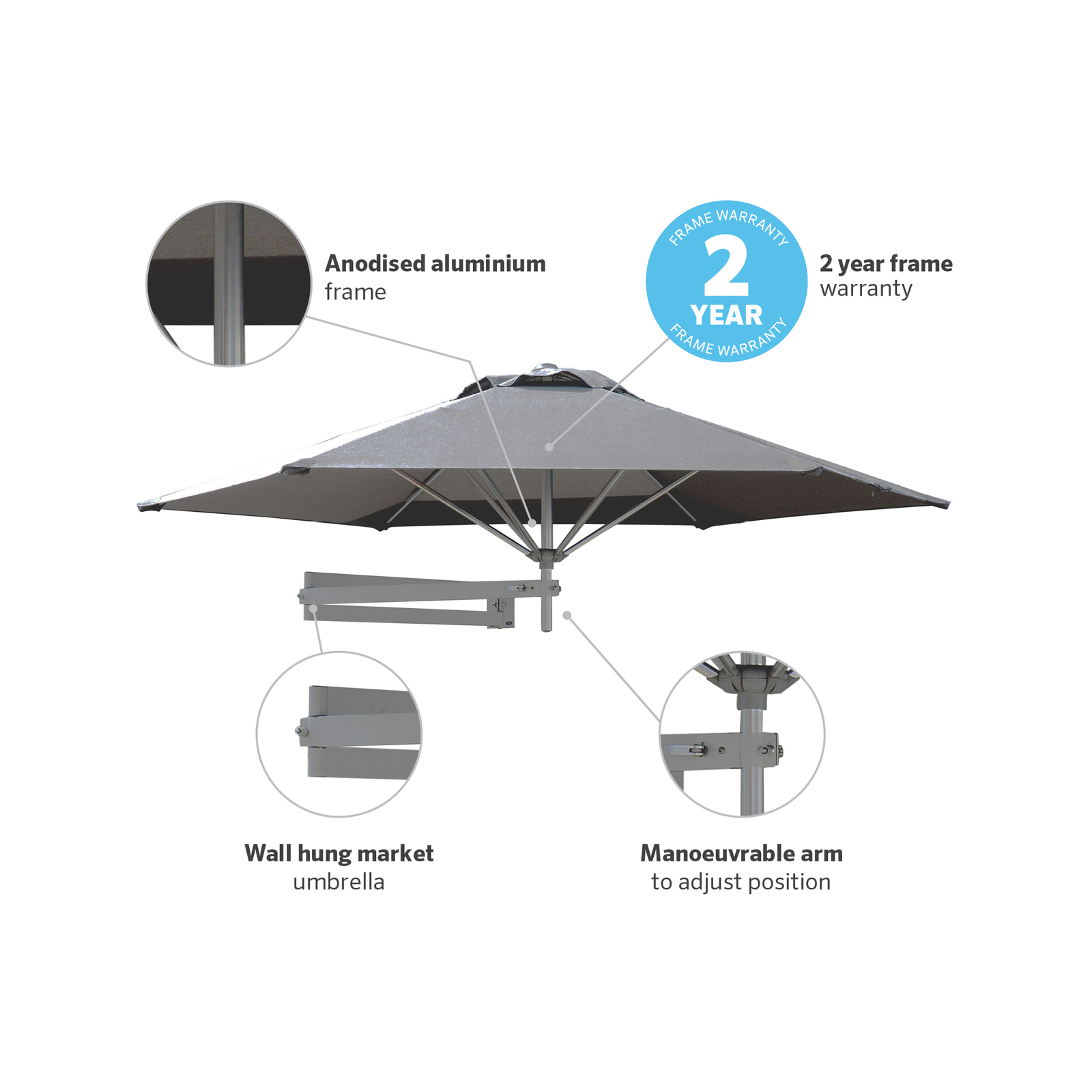 Coolaroo 2.7m Charcoal Lindeman Market Wall Mount Umbrella Bunnings