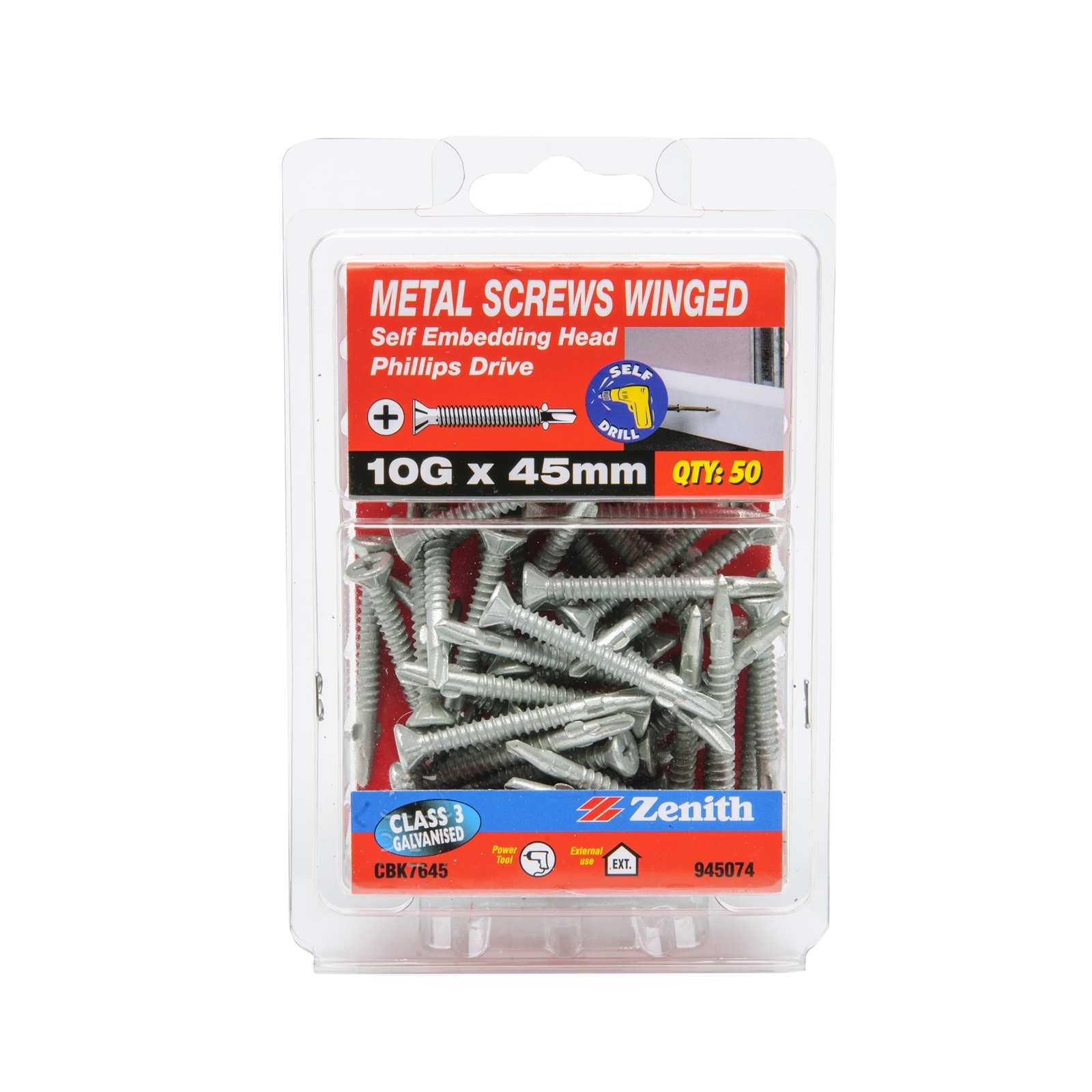 Zenith 10G x 45mm Galvanised Self Embedding Head Metal Screws Winged