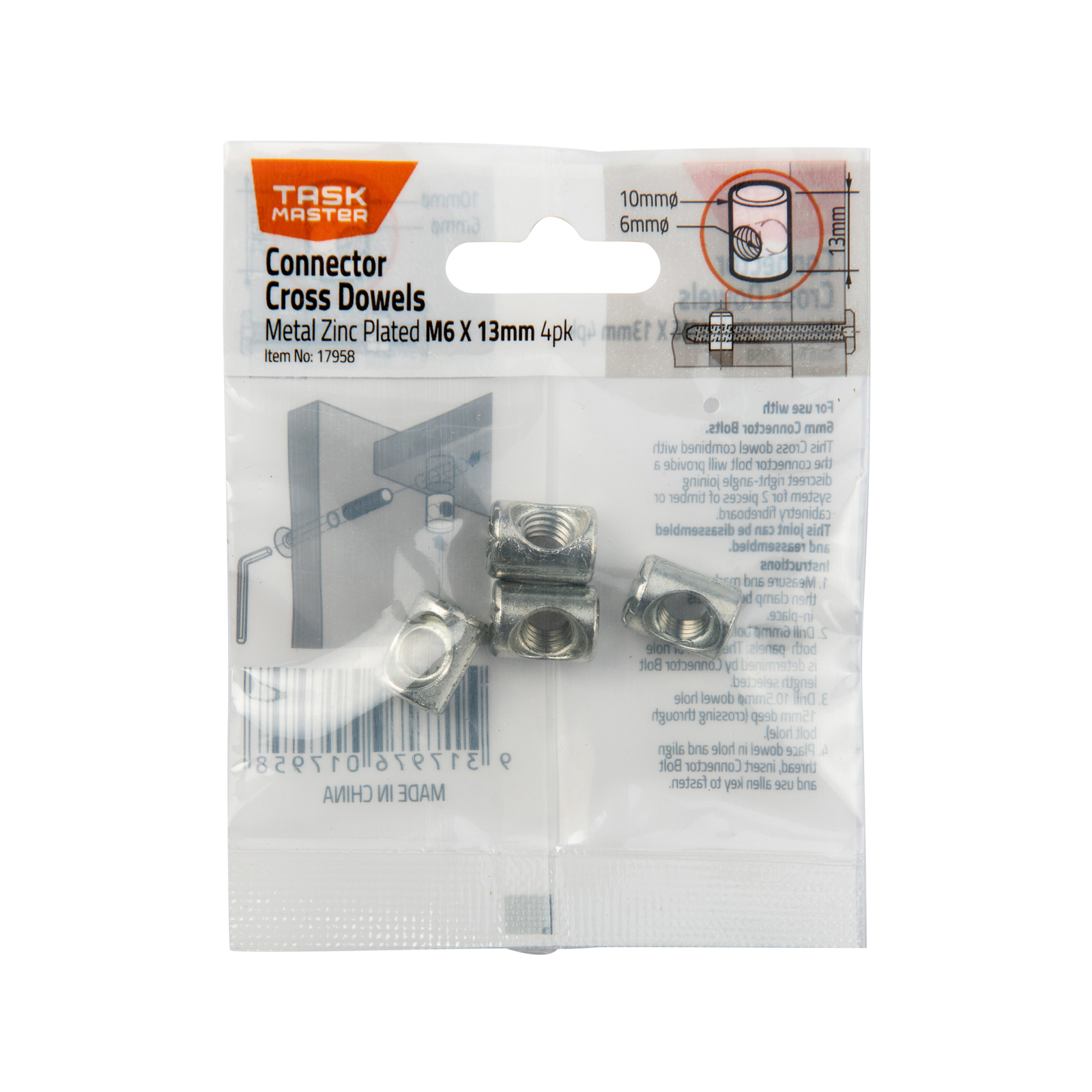 Taskmaster M6 x 13mm Zinc Plated Connector Cross Dowels 4 Pack