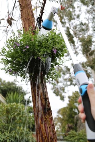 A long necked spray head attachment allows a person to water their hanging basket plants