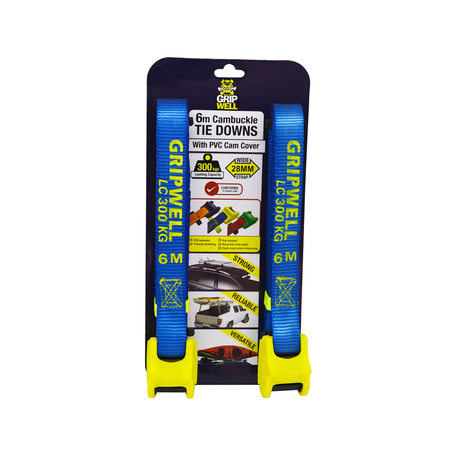 Gripwell 28mm x 6m 300kg Cambuckle Tie Down With PVC Cam Cover 2 Pack