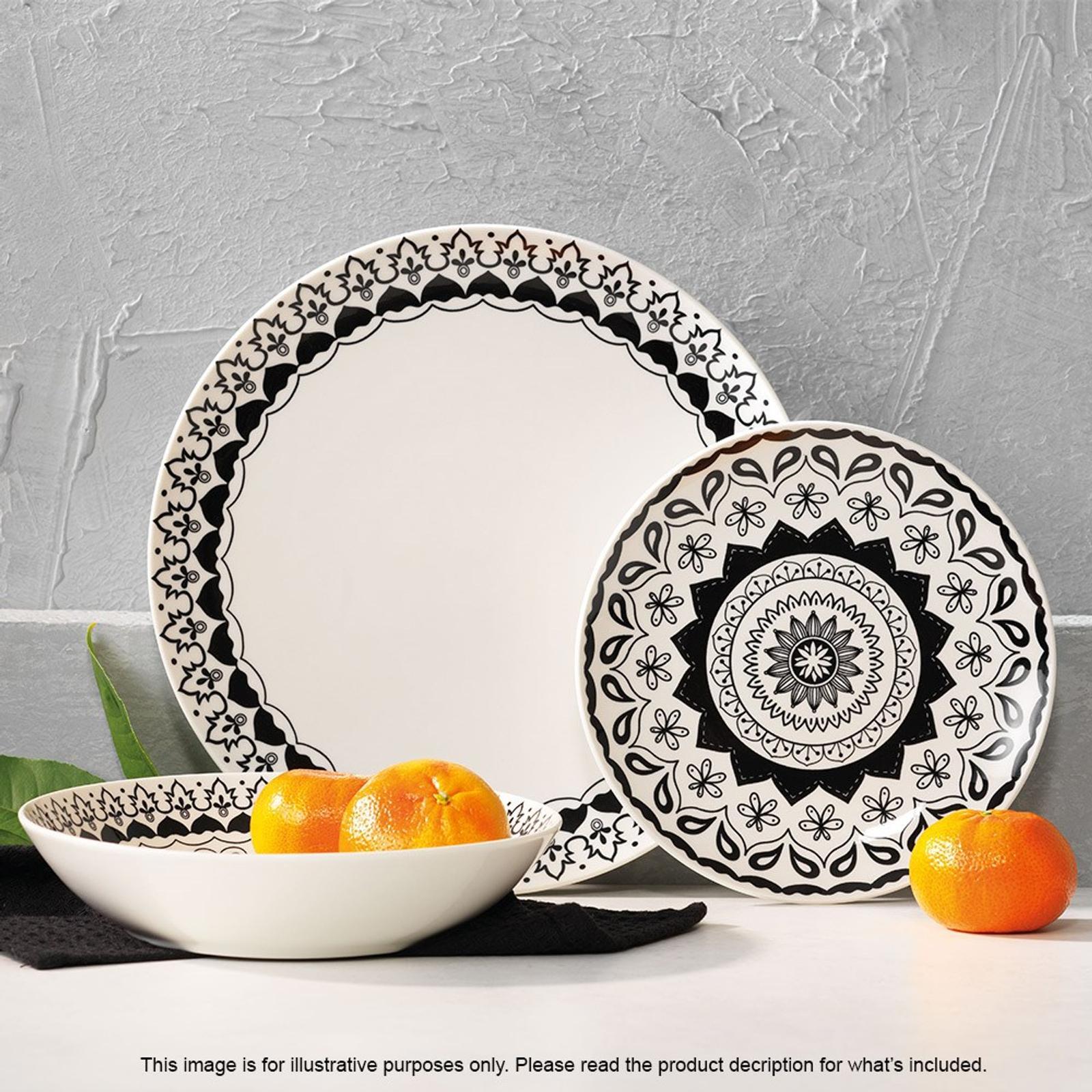 Ambrosia Phoenix Porcelain 12 Piece Dinner Set Black & White - Bunnings 