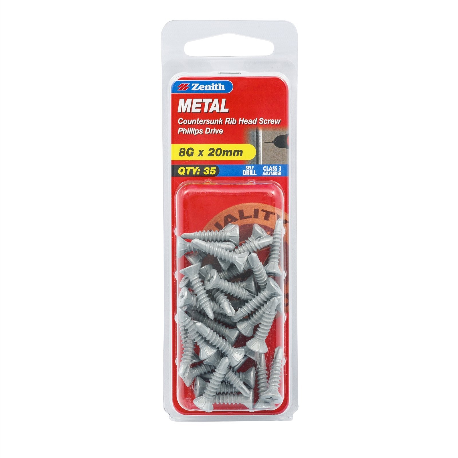 Zenith 8G x 20mm Galvanised Countersunk Rib Head Metal Screws 35 Pack