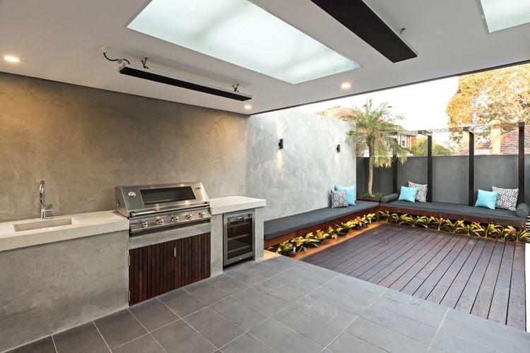 Outdoor entertaining bar with barbecue, fridge and timber decking