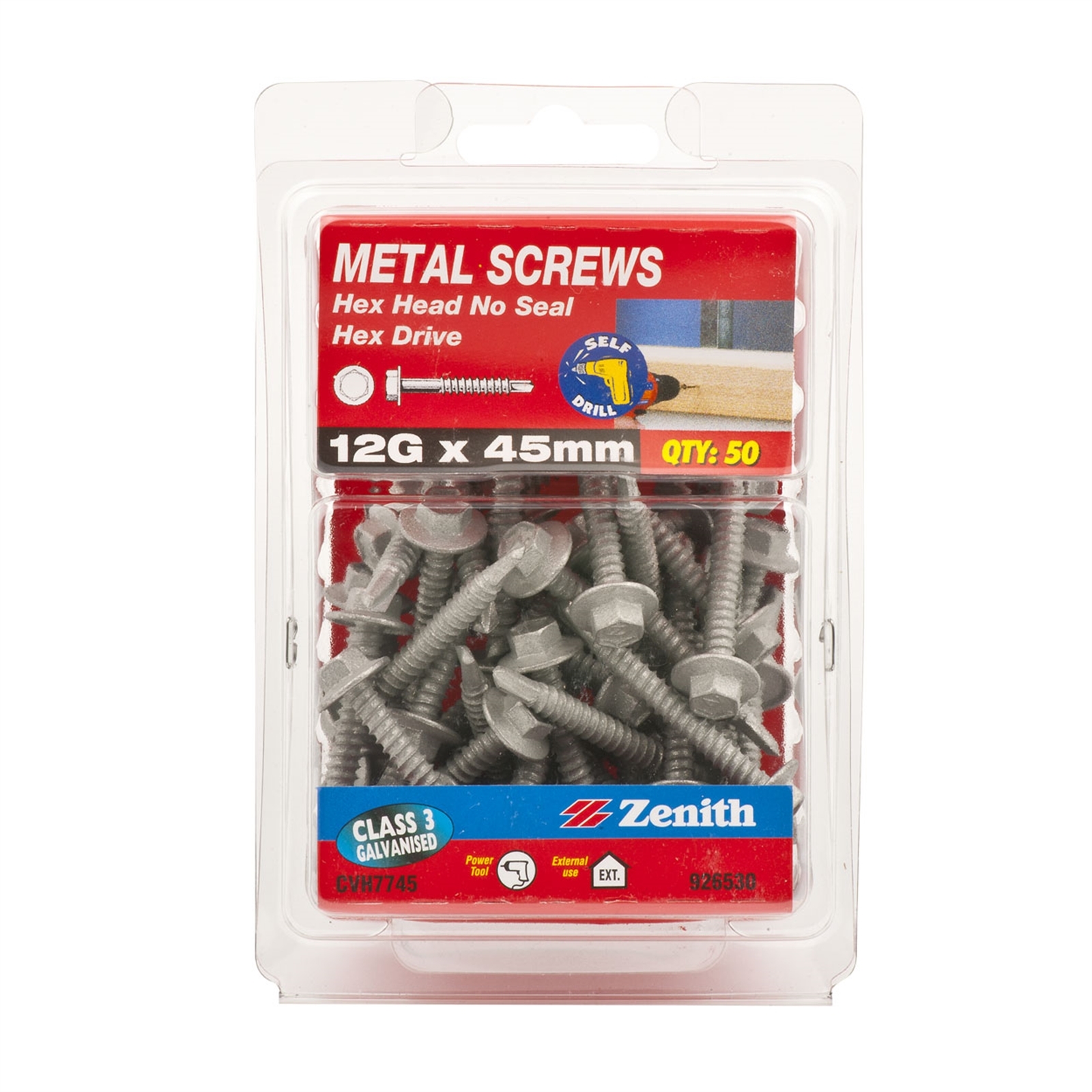 Zenith 12G x 45mm Galvanised Hex Head Metal Screws 50 Pack Bunnings
