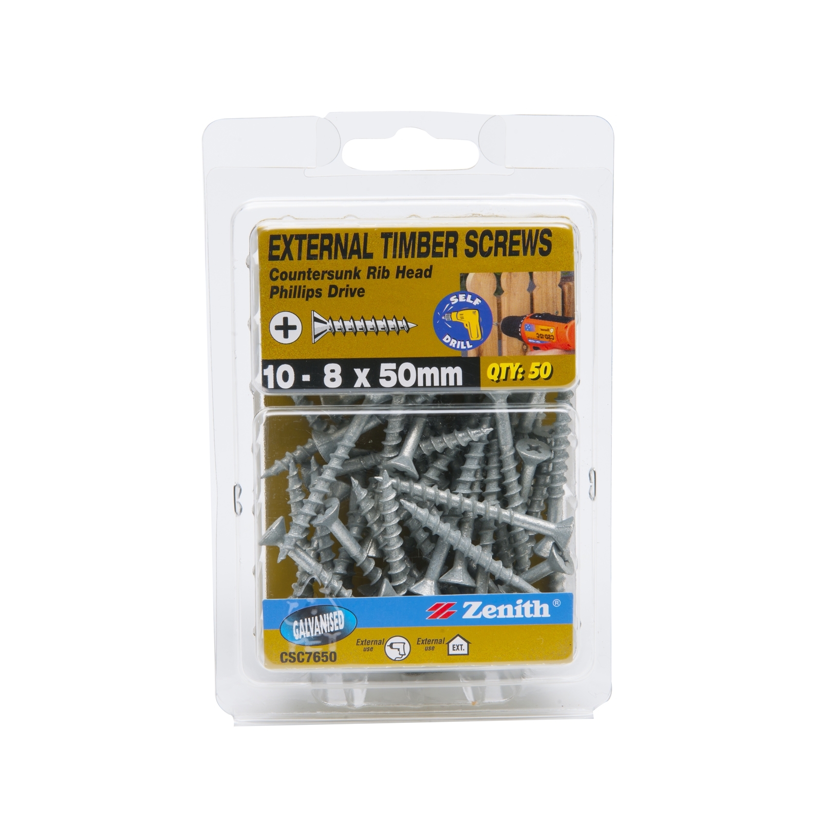 Zenith 10 - 8 x 50mm Galvanised Countersunk Rib Head Timber Screws - 50 ...