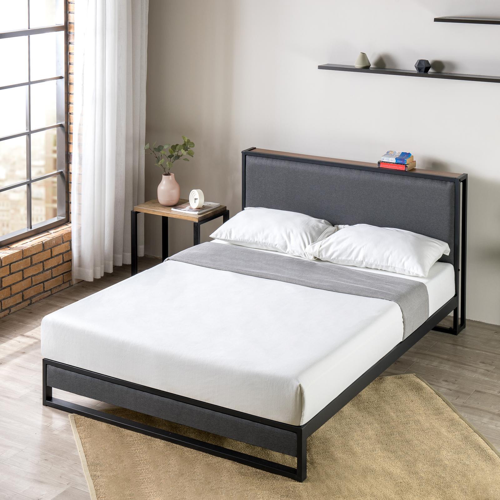 Zinus Ironline Metal & Fabric Bed Frame With Headboard Shelf - Double ...