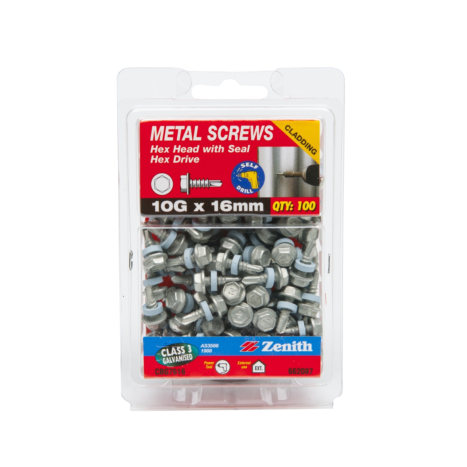 Zenith 10G x 16mm Galvanised Hex Head With Seal Metal Screws 100 Pack