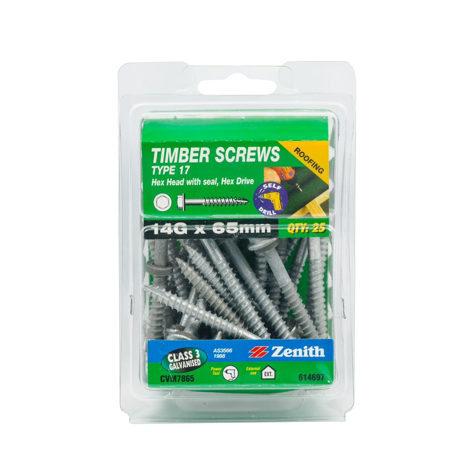 Zenith 14g x 65mm Galvanised Hex Head With Seal Type 17 Timber Screws