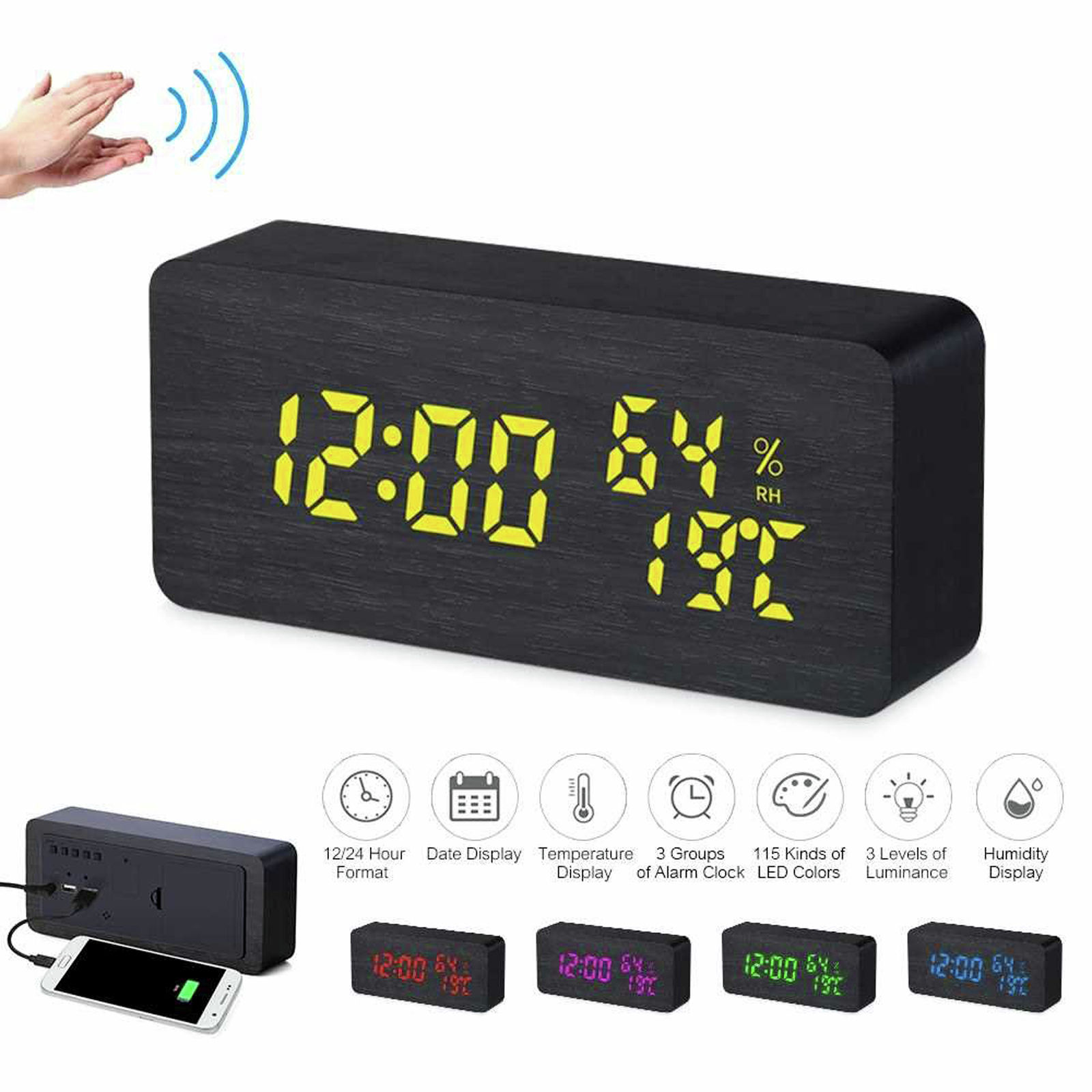 TODO Digital LED Alarm Clock w/ Dual USB Charge Port 115 Colour LED