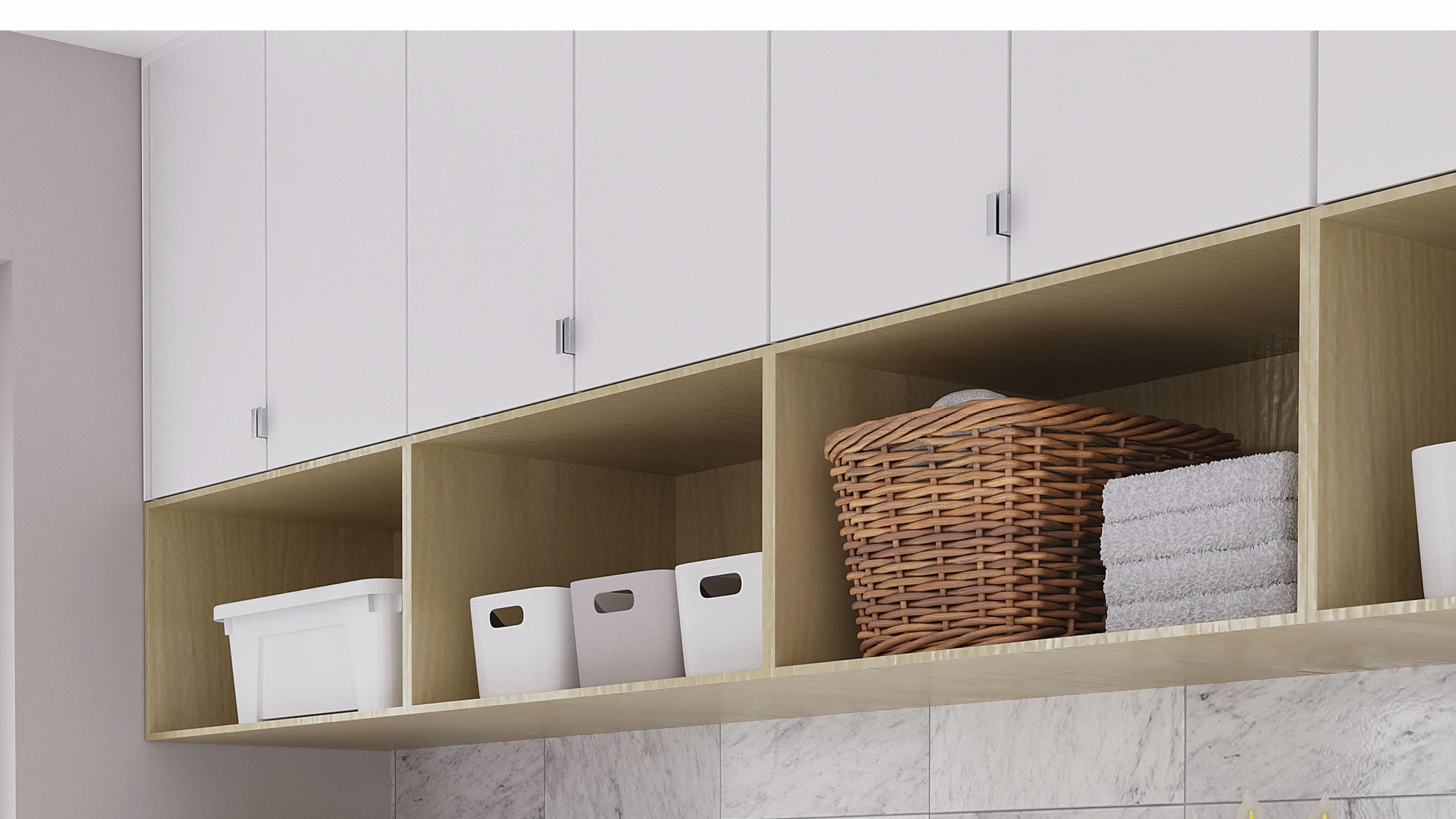 scandi laundry display with cabinetry, shelving, splashback and appliances