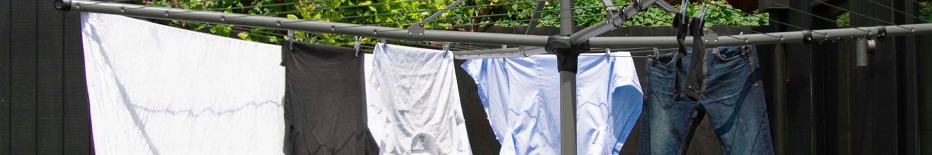 Clothes hanging from clothesline.
