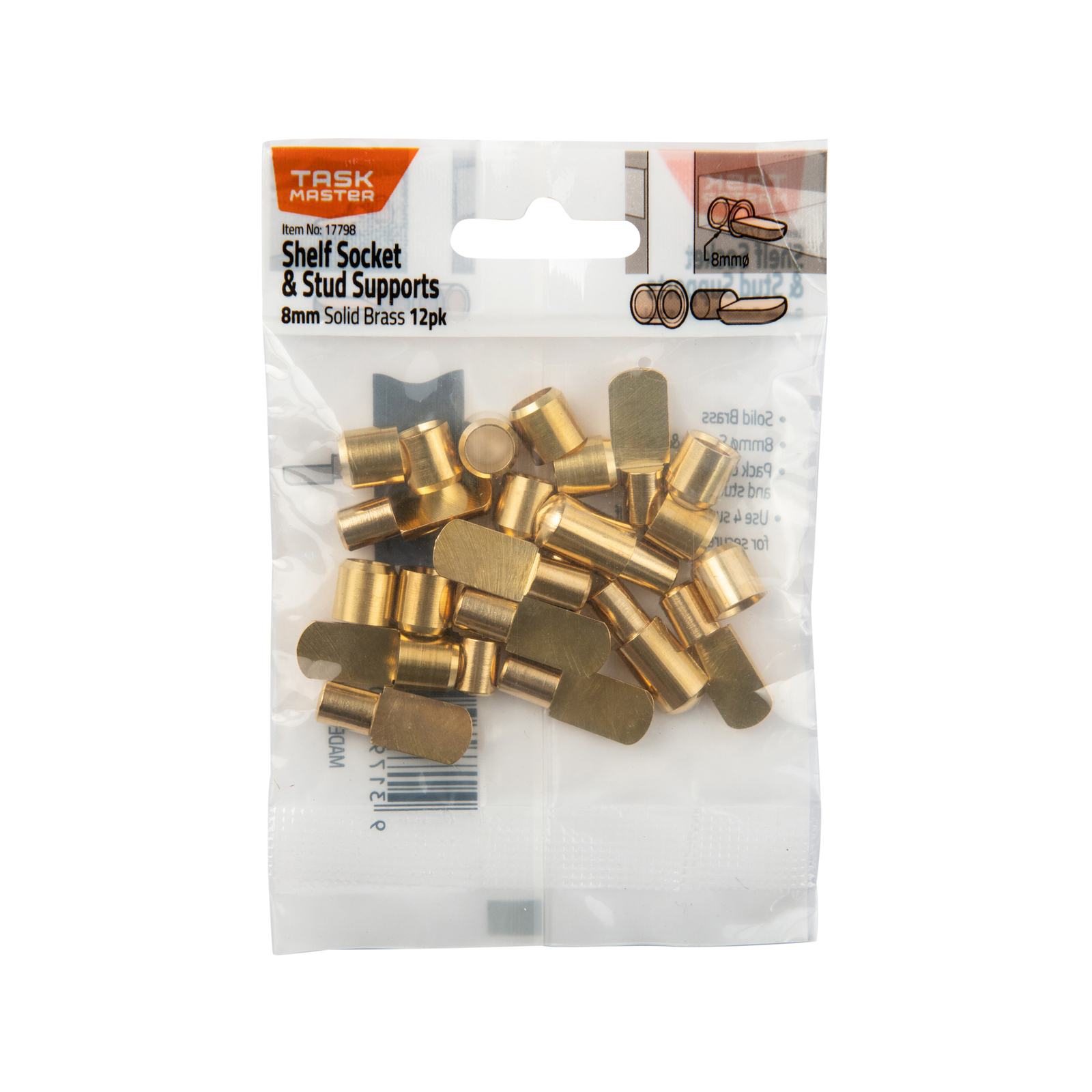 Taskmaster 8mm Brass Metal Pin Shelf Support and Socket 12 Pack