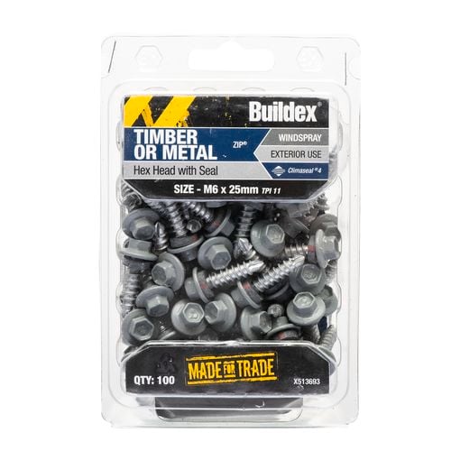 Buildex Roof Zip C4 Hexhead Screws M6 X 25 Windspray Bx100 - Bunnings 