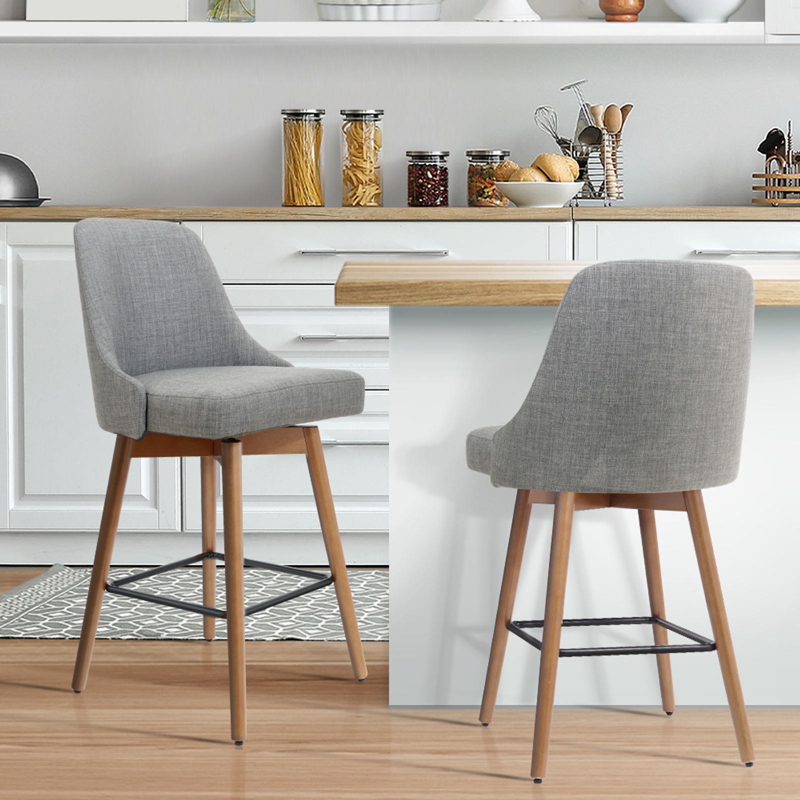 Artiss Bar Stools Kitchen Stool Fabric Swivel Grey COLBY x2 Bunnings Australia