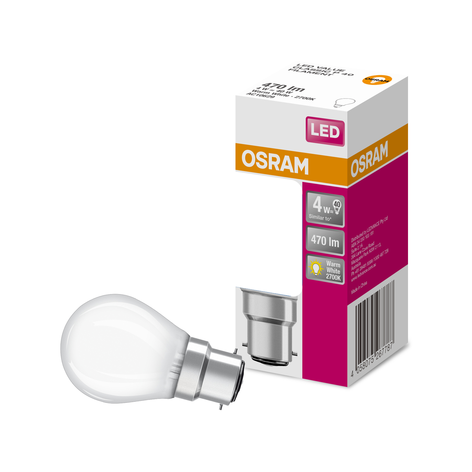 Osram 4W 470lm Frosted Warm White Fancy Round Filament LED B22 Light ...