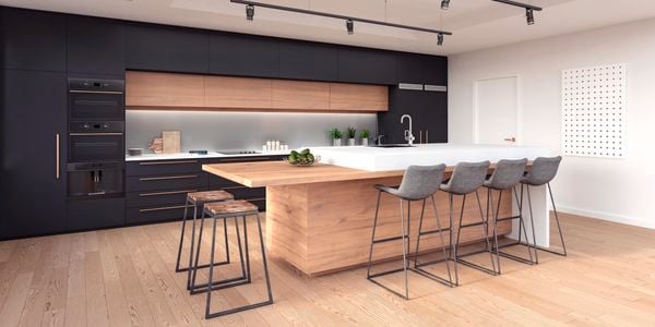 Kitchen Island Island with seats and bench in background with sILVER splashback above