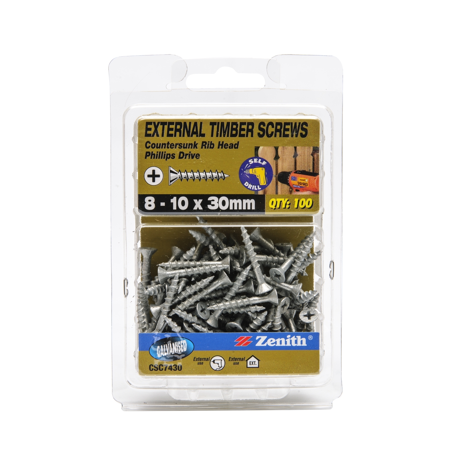 Zenith 8 10 x 30mm Galvanised Countersunk Rib Head Timber Screws