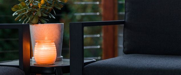 Pot plant and insect repellent candle on a table