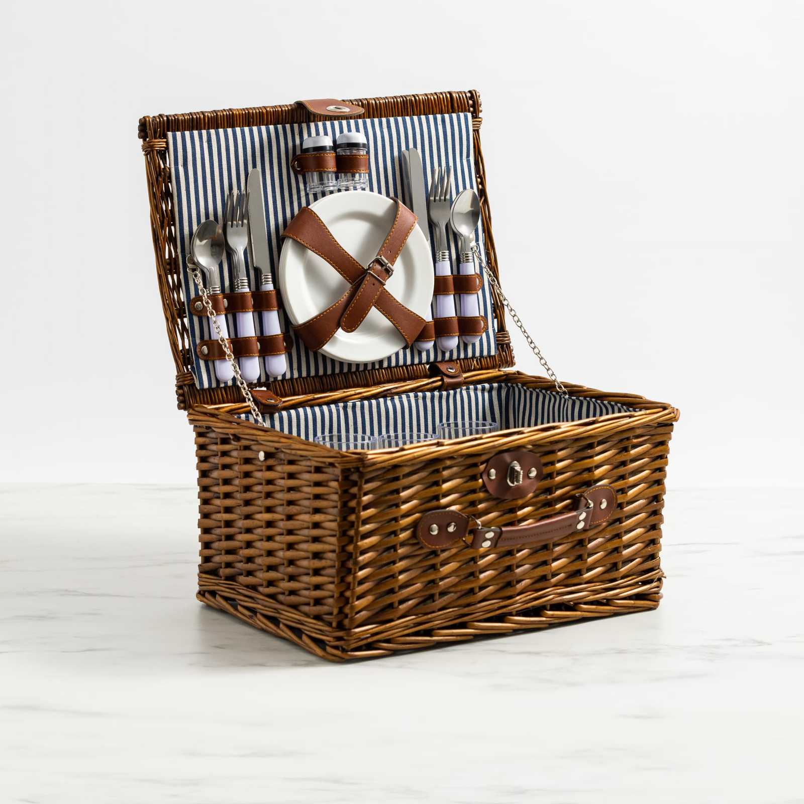 Salisbury & Co Picnic Basket 4 Person Navy Stripe - Bunnings Australia