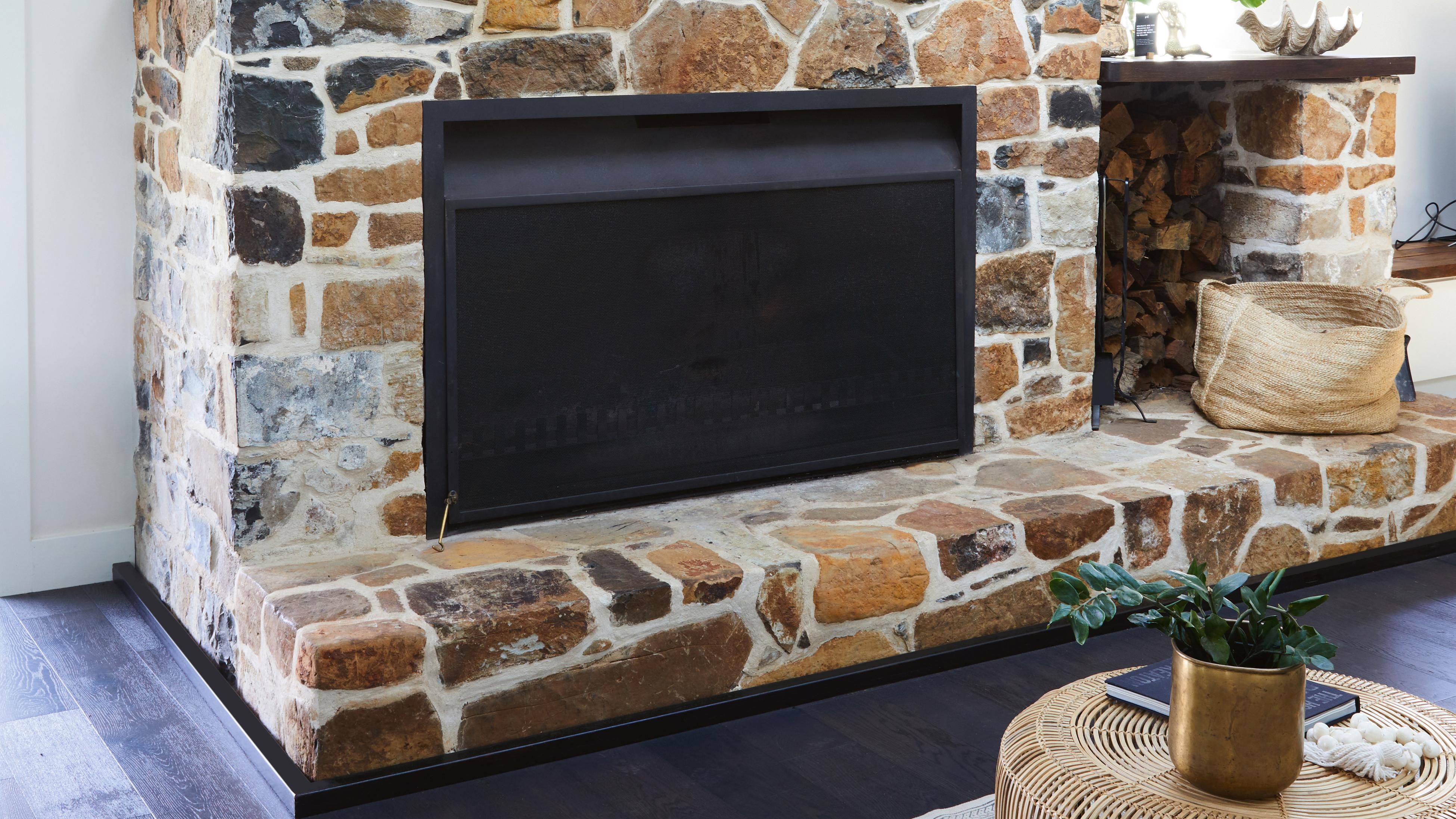 Built-in stone fireplace