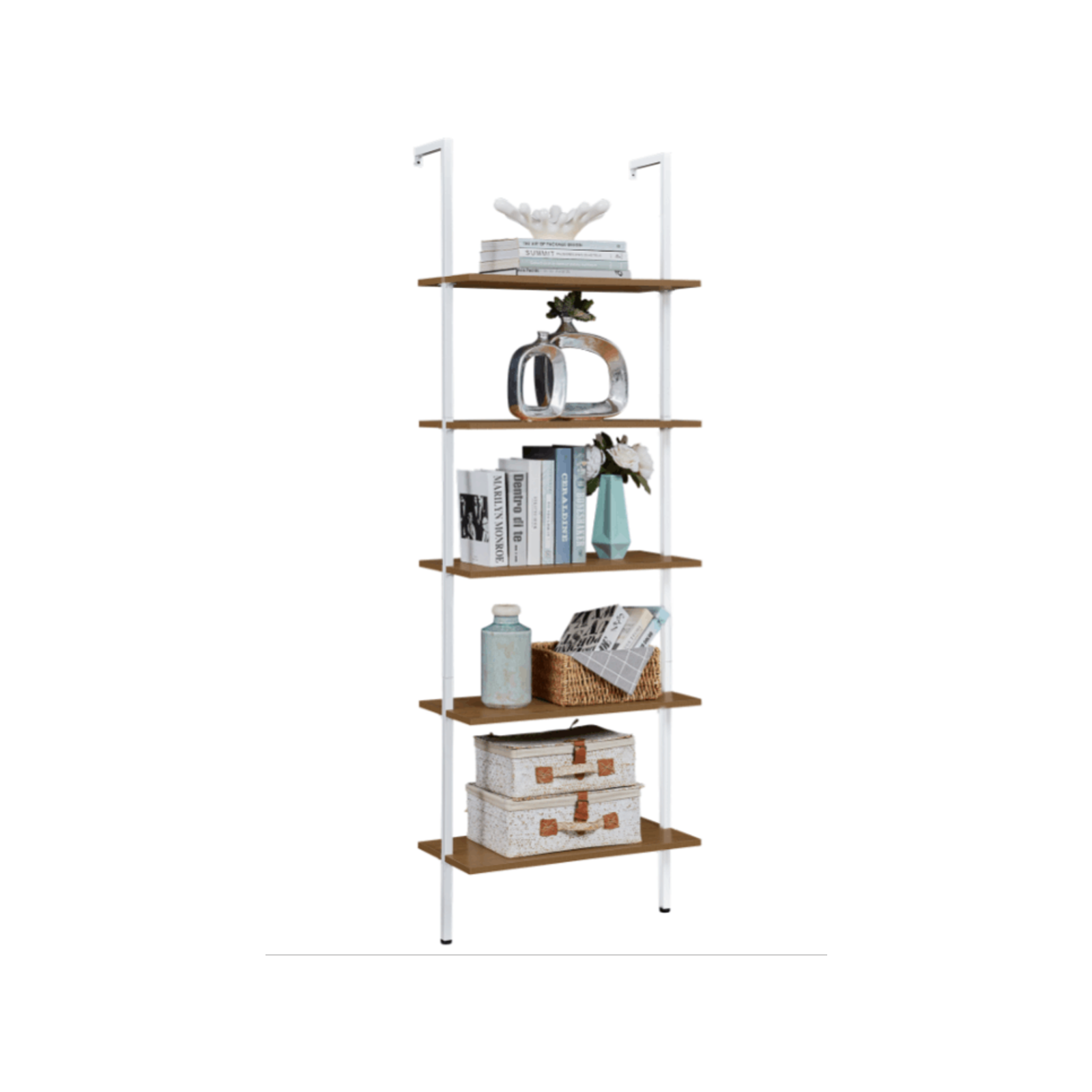 Industrial Ladder Shelf Wood WallMounted Bookcase Storage Rack Shelves