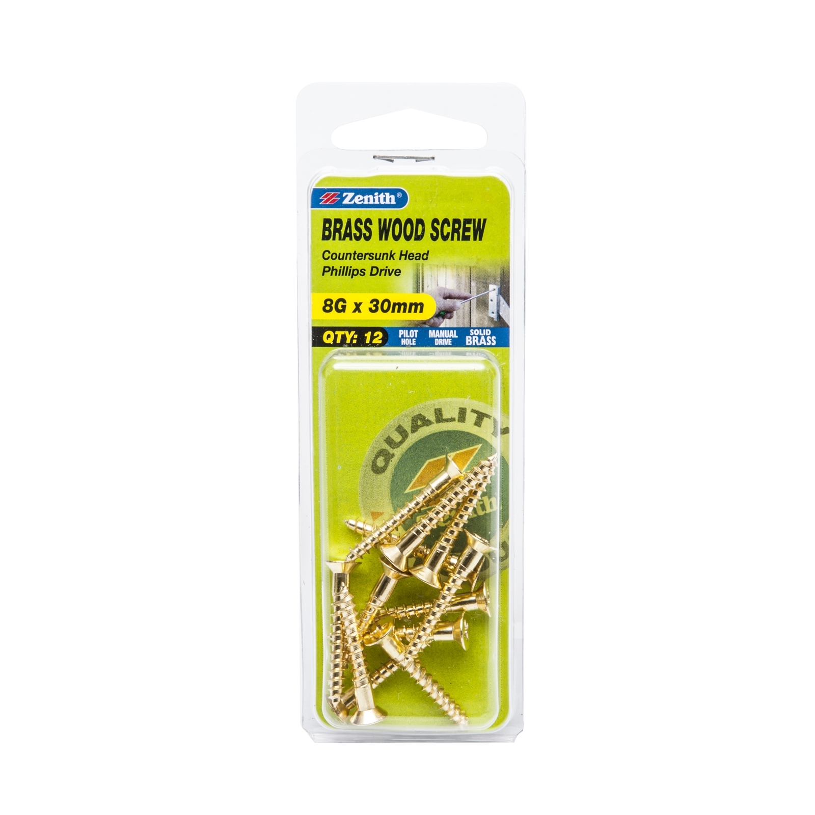 Zenith 8G x 30mm Brass Countersunk Head Wood Screws 12 Pack
