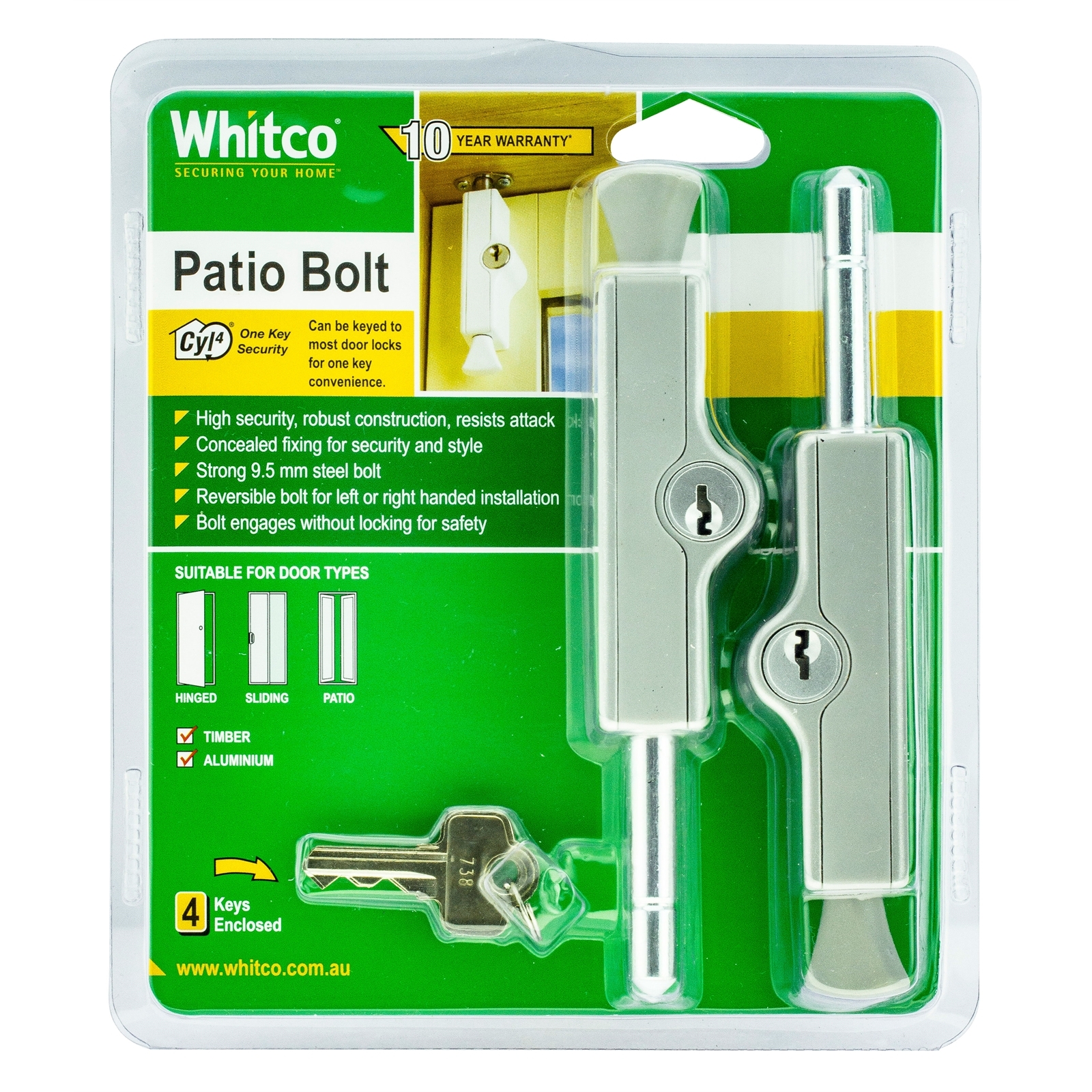 Whitco Silver CYL4 Patio Bolt 2 Pack Bunnings Australia