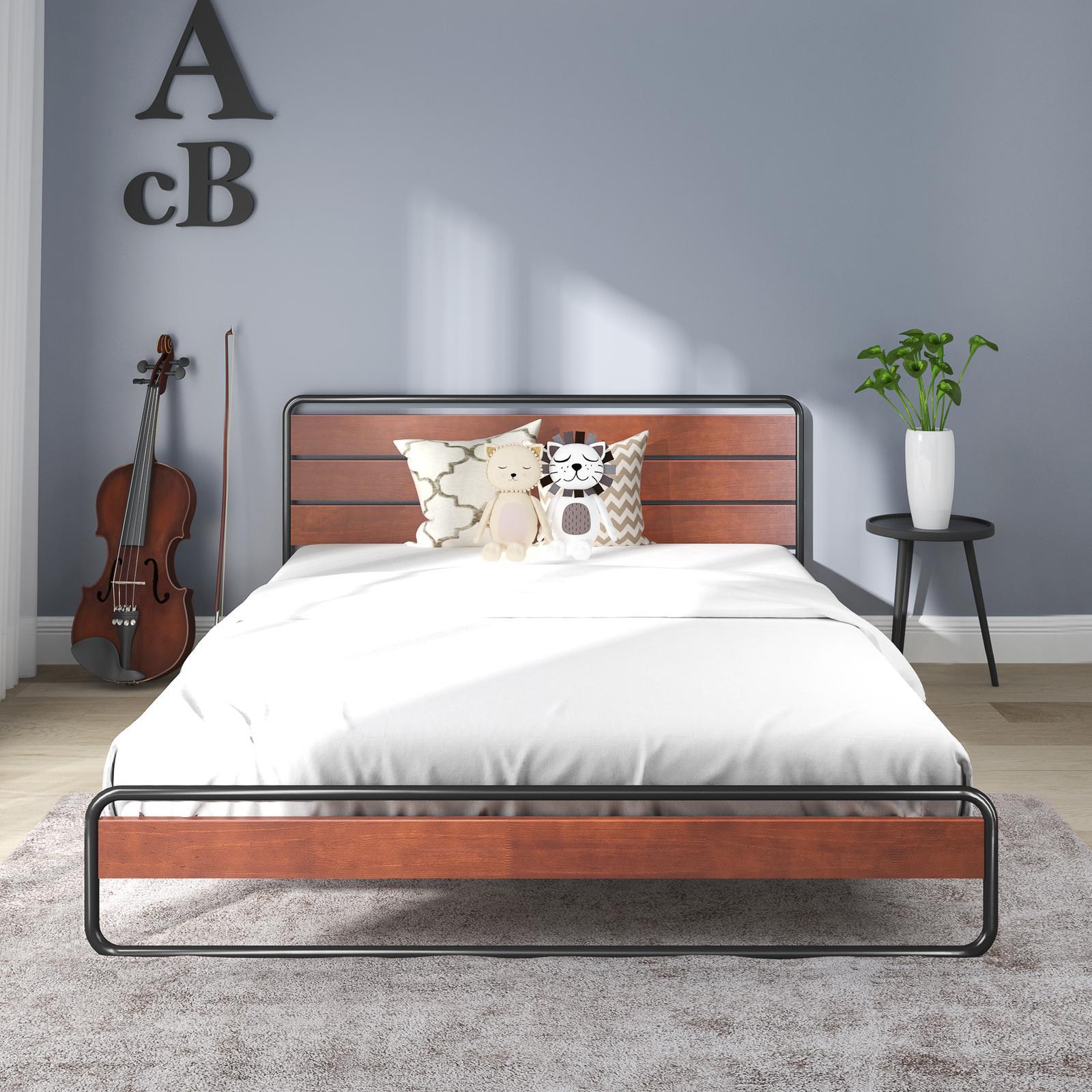 Zinus Rustic Metal & Wood Bed Frame Base - Queen - Bunnings Australia