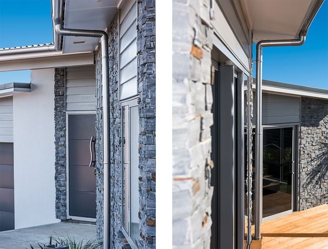 Split image of two drainage pipes running down house exterior
