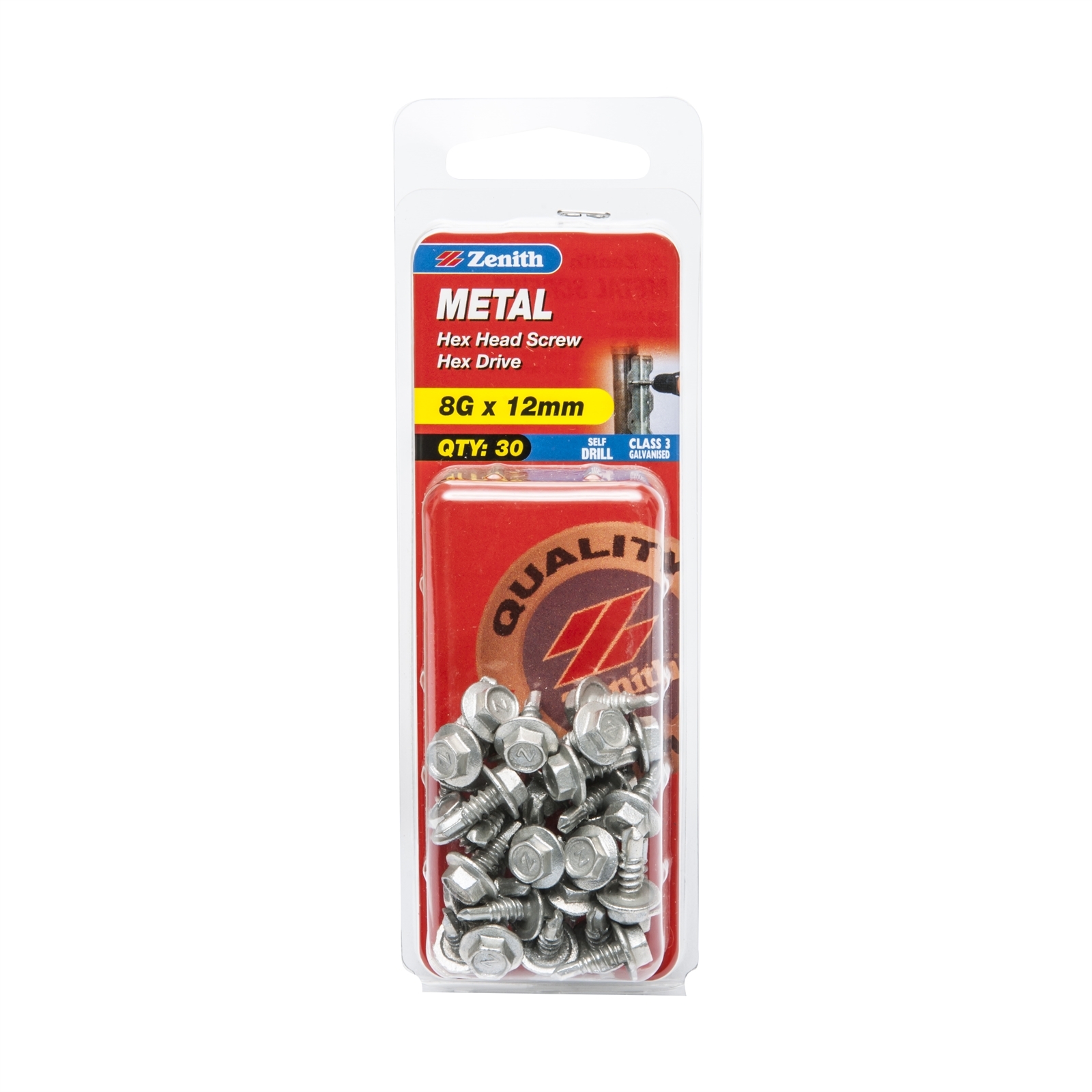 Zenith 8G x 12mm Galvanised Hex Head Metal Screws 30 Pack Bunnings