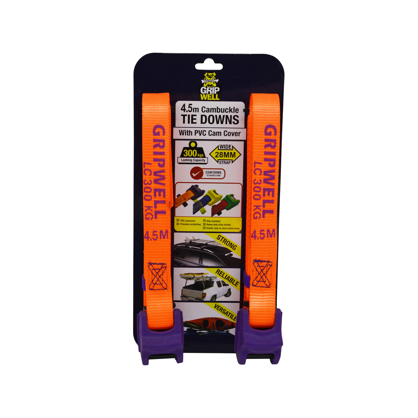 Gripwell 28mm x 4.5m 300kg Cambuckle Tie Down With PVC Cam Cover 2