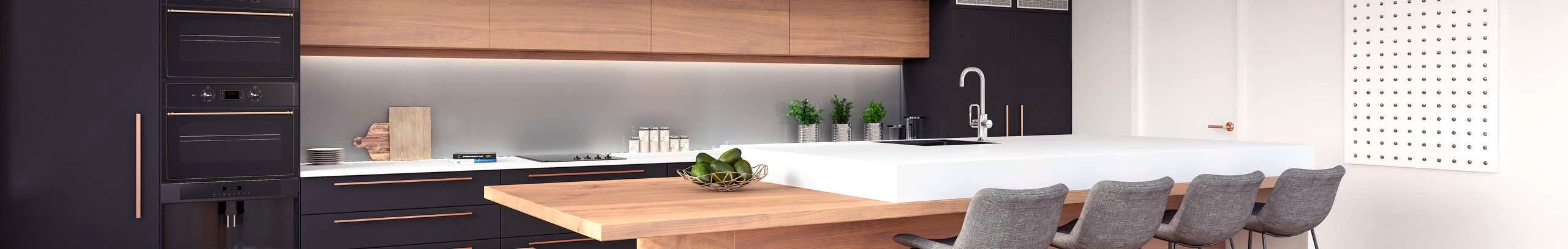 Kitchen Island Island with seats and bench in background with sILVER splashback above