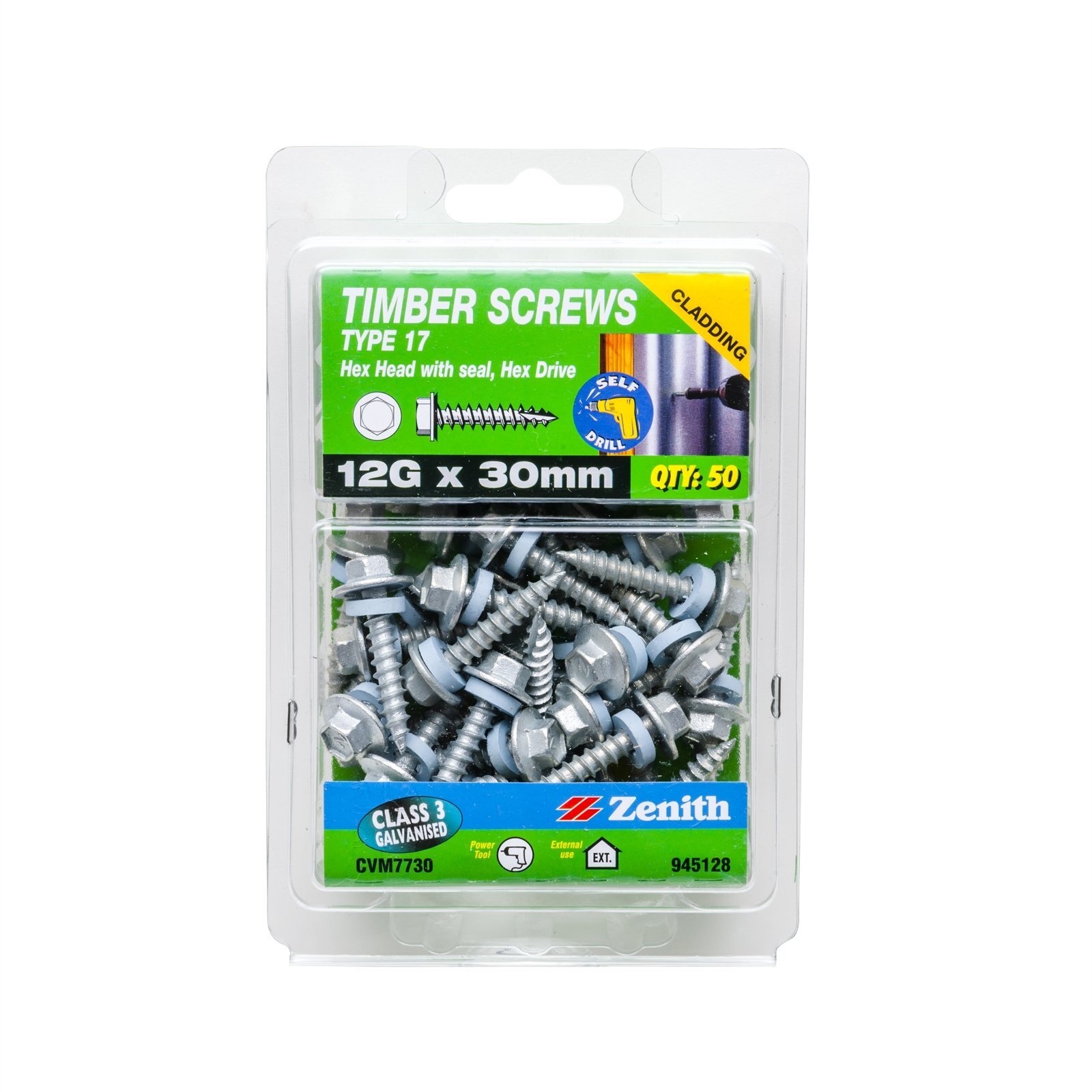 Zenith 12G x 30mm Galvanised Type 17 Hex Head Timber Screws - 50 Pack ...