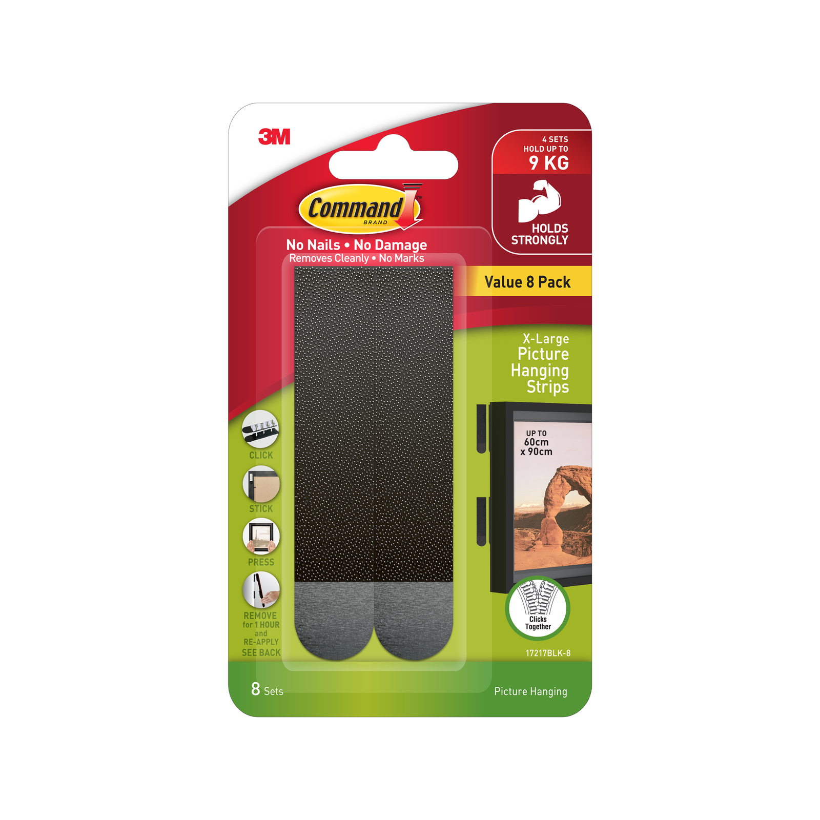 Command 9kg Extra Large Black Picture Hanging Strips 8 Pack