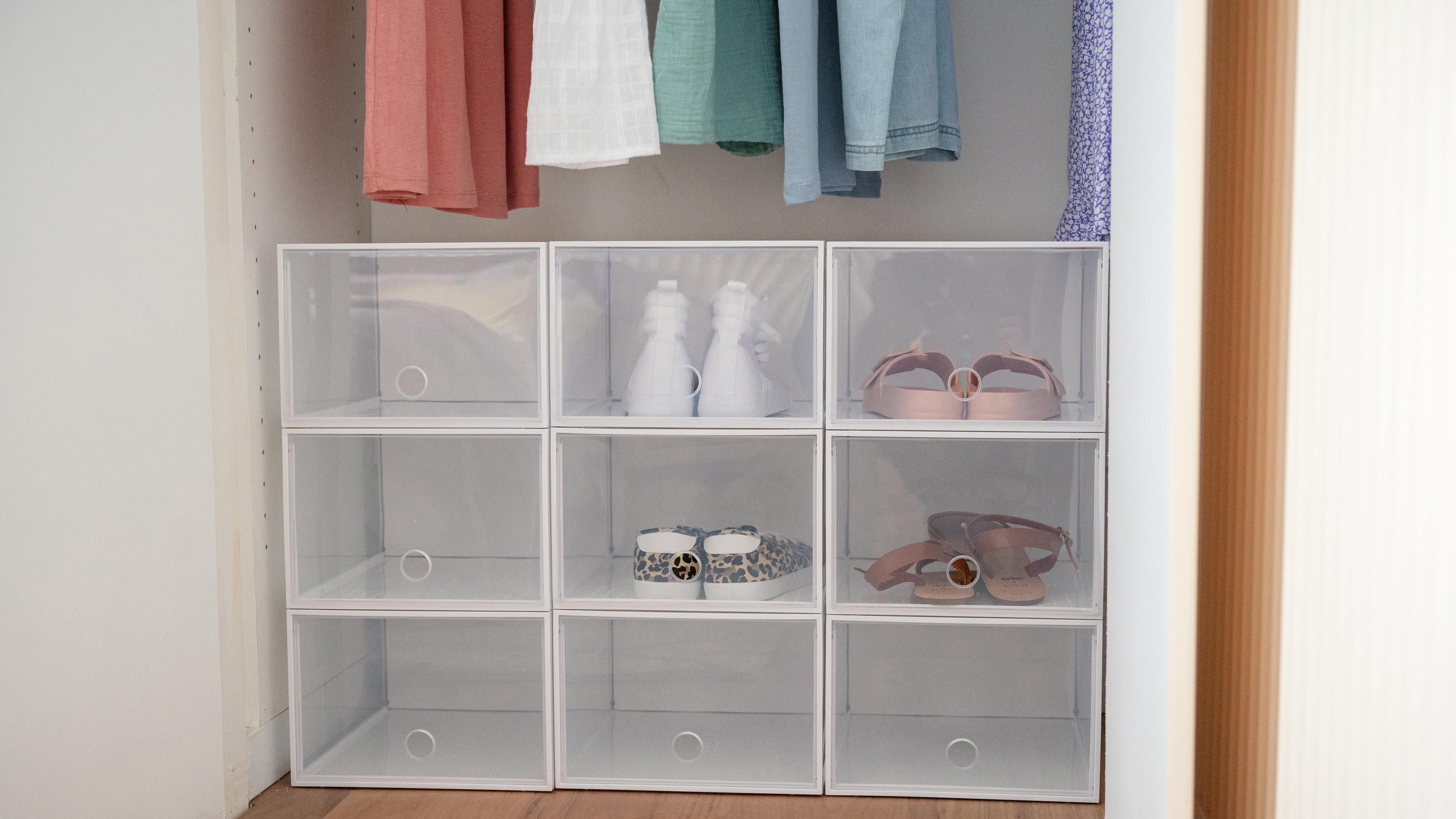 Shoes stored nicely on the ventilated shelving.  Garage storage solutions,  Garage makeover, Shoe organization closet