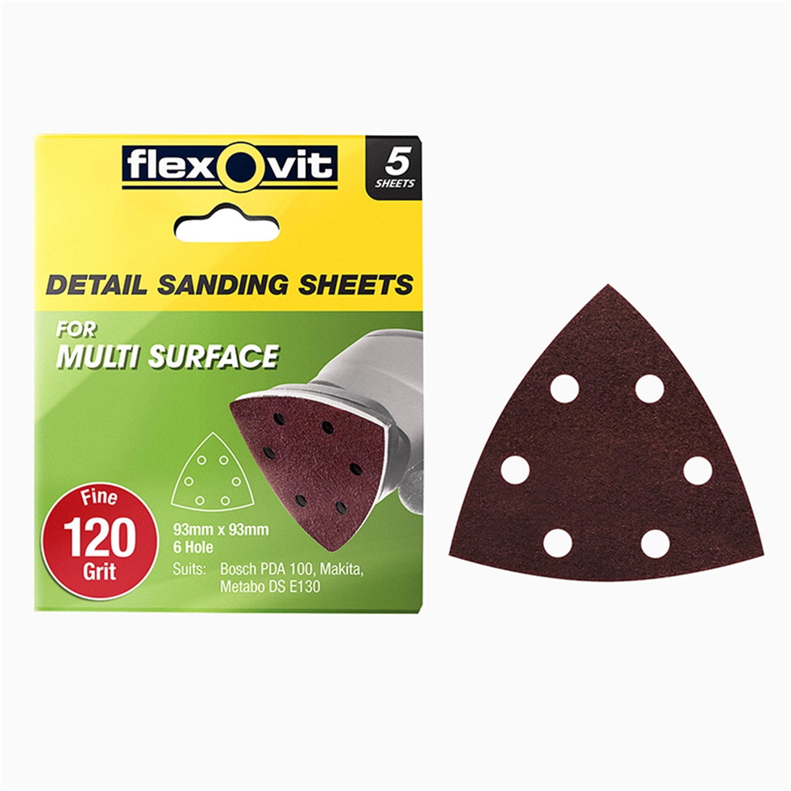 Flexovit 93x93mm All Surface Detail Sanding Sheet 120 Grit 6 Hole 5pk Bunnings New Zealand