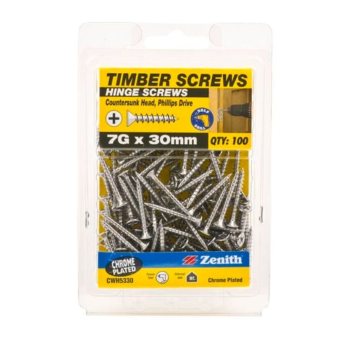 Zenith 7G x 30mm Chrome Plated Countersunk Head Hinge Timber Screws ...